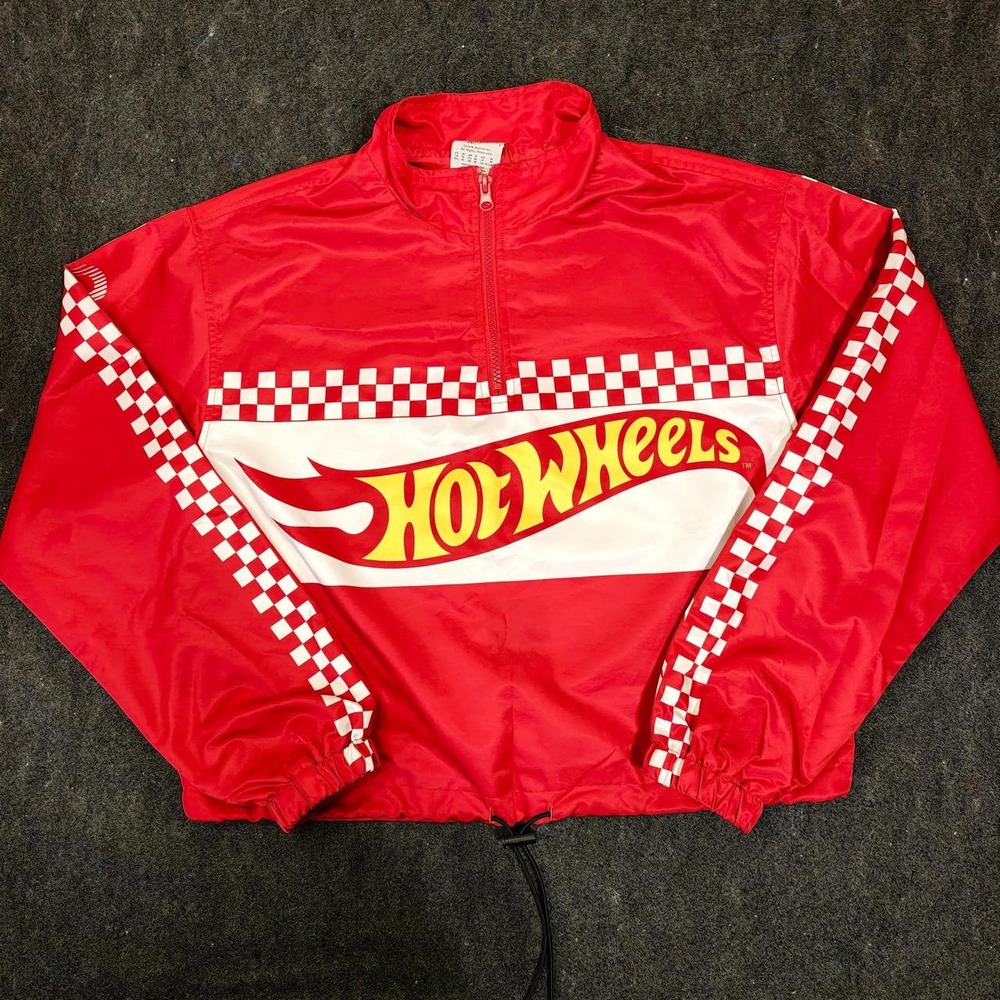 Hot Wheels Mens Red Racing Windbreaker Jacket Quarter Zip Checkered Medium